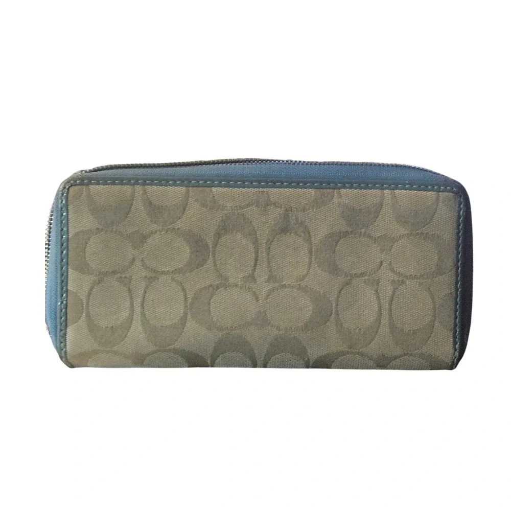 Coach Signature Striped Zip Around Wallet Beige Blue Leather‎
